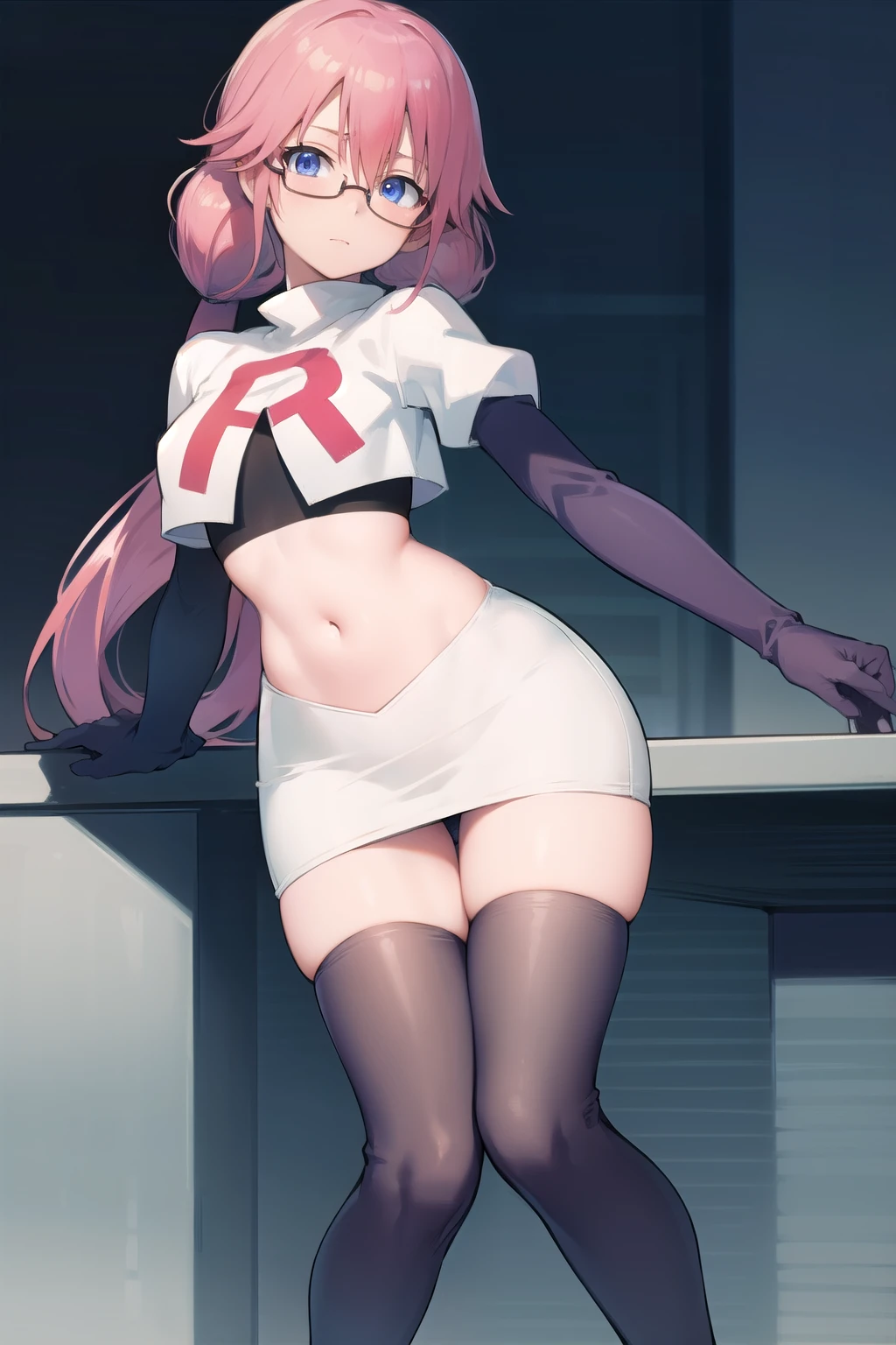 airisakura, airi sakura, blue eyes, glasses, long hair, pink hair, (low twintails:1.5),
BREAK glasses, team rocket,team rocket uniform,white skirt,red letter R,crop top,black thigh-highs,black elbow gloves,
BREAK looking at viewer, 
BREAK (masterpiece:1.2), best quality, high resolution, unity 8k wallpaper, (illustration:0.8), (beautiful detailed eyes:1.6), extremely detailed face, perfect lighting, extremely detailed CG, (perfect hands, perfect anatomy),