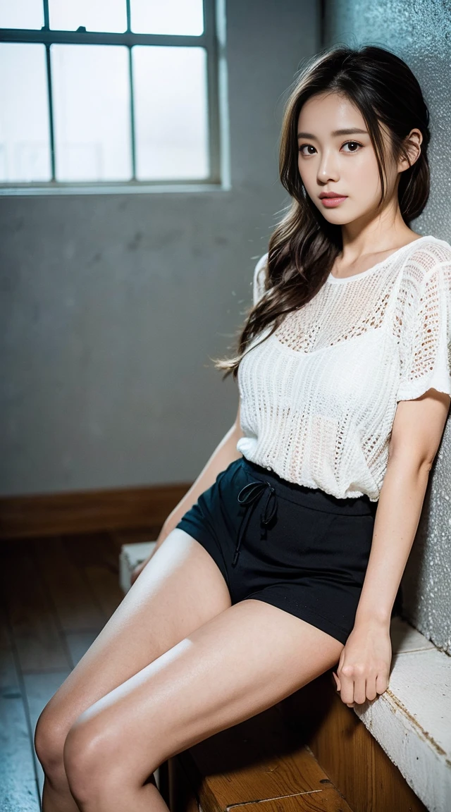 Dark brown hair、Light brown eyes、Japanese actress、 Lady、I am about 40 years old...........、(Intricate details:1.2)、 (Ultra-high resolution:1.2)、Ultra-high resolution、(Finely tuned)、(Detailed facial features)、Hmph、8K resolution、D cup size breasts、Long Hair、Bright terrace room with sunlight streaming in、Large windows、Extravagant space、relax、、,Full body photo、Head to toe shot、Beautiful feet、black Loose fit openwork T-shirt、Underwear shorts、Beautiful feet、Bright terrace room with sunlight streaming in、she, household items, (plant:0.8), Fashion Hub, Very detailed, Very detailed, Realistic, Hourglass Shaped Body, Obscene pose,、Messy Hair、Messy ponytail、Leaning against a wall、I cry a lot、tears、Skin is visible through the knit、White floor、White wall、A masterpiece of transparent painting、