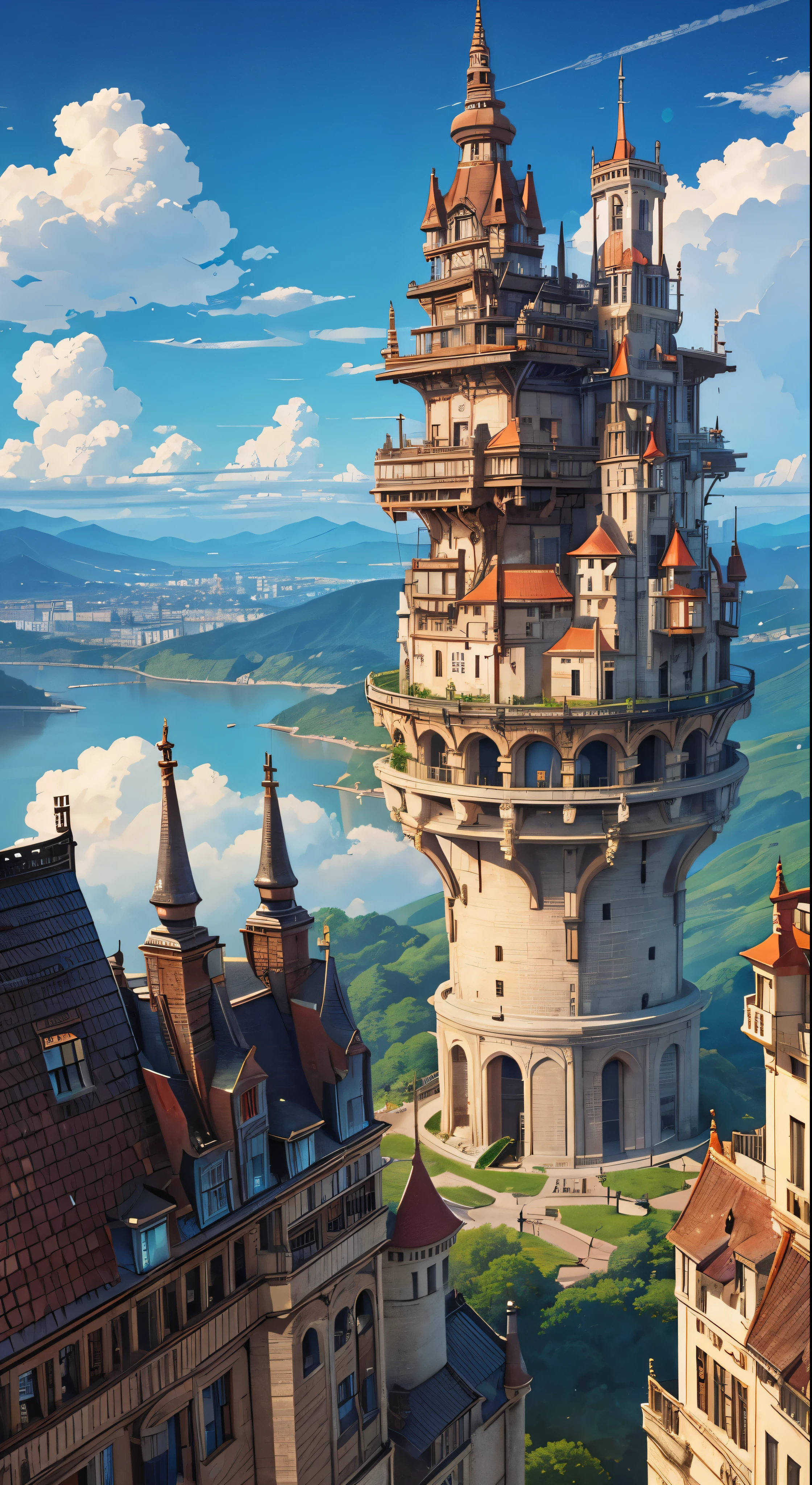 with high definition images，Ultra-detailed、High detail、high quality、8K、Miyazaki style、Steampunk style castle floating in the sky、Floating in the clouds and sky、Exudes mystery and technology 。Mirage City。