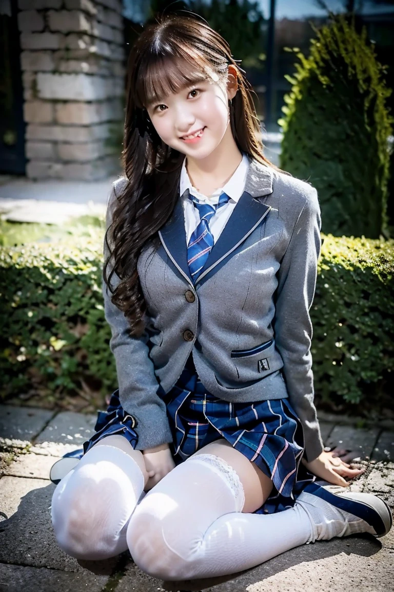 (8K), (highest quality: 1.2), (realistic), (realistic: 1.37), ultra high resolution, (1 girl、17 years old), cute, smile, closed mouth, beautiful details, beautiful nose, wet hair, giant dulcefo, pork, thighs，Self snap,High school Student Uniform,(A simple navy blue blazer),pleated skirt,(The skirt and tie are gray tartan check pattern....:1.3),(sitting:1), sit on the ground,(hug your feet:1),white pantyhose,from the front,knees、loafers、Low - Angle、Checkered Pleated Skirt、Ponytail 1.2、Knee-high socks、barefoot、((Between the legs、Panties that fit the female genitals、White panties))