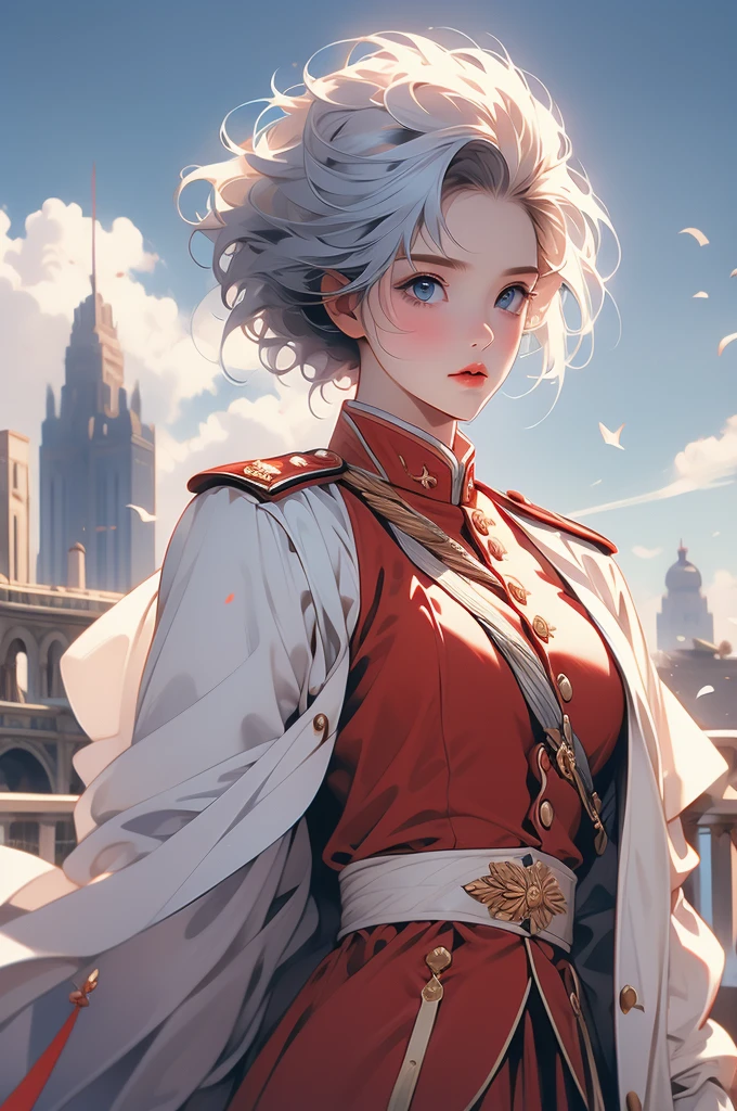 girl, red military uniform, husar, short hair, Napoleonic wars, blue skies, city, short white hair