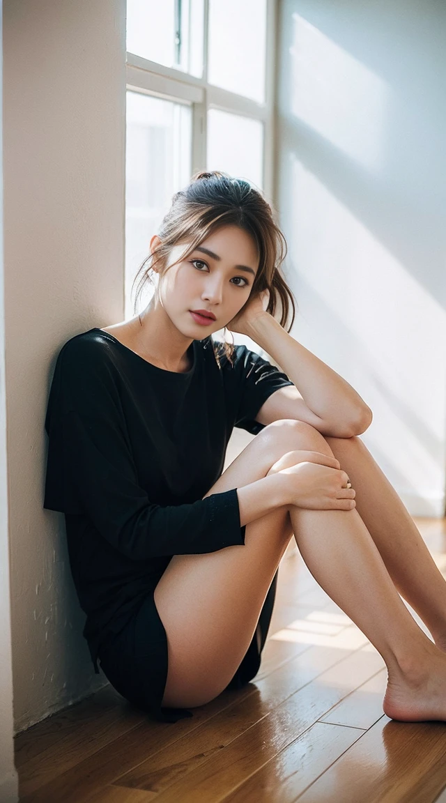 Dark brown hair、Light brown eyes、Japanese actress、 Lady、I am about 40 years old...........、(Intricate details:1.2)、 (Ultra-high resolution:1.2)、Ultra-high resolution、(Finely tuned)、(Detailed facial features)、Hmph、8K resolution、D cup size breasts、Long Hair、Bright terrace room with sunlight streaming in、Large windows、Extravagant space、relax、、,Full body photo、Head to toe shot、Beautiful feet、black Loose fit openwork T-shirt、Underwear shorts、Beautiful feet、Bright terrace room with sunlight streaming in、she, household items, (plant:0.8), Fashion Hub, Very detailed, Very detailed, Realistic, Hourglass Shaped Body, Obscene pose,、Messy Hair、Messy ponytail、Leaning against a wall、I cry a lot、tears、Skin is visible through the knit、White floor、White wall、A masterpiece of transparent painting、