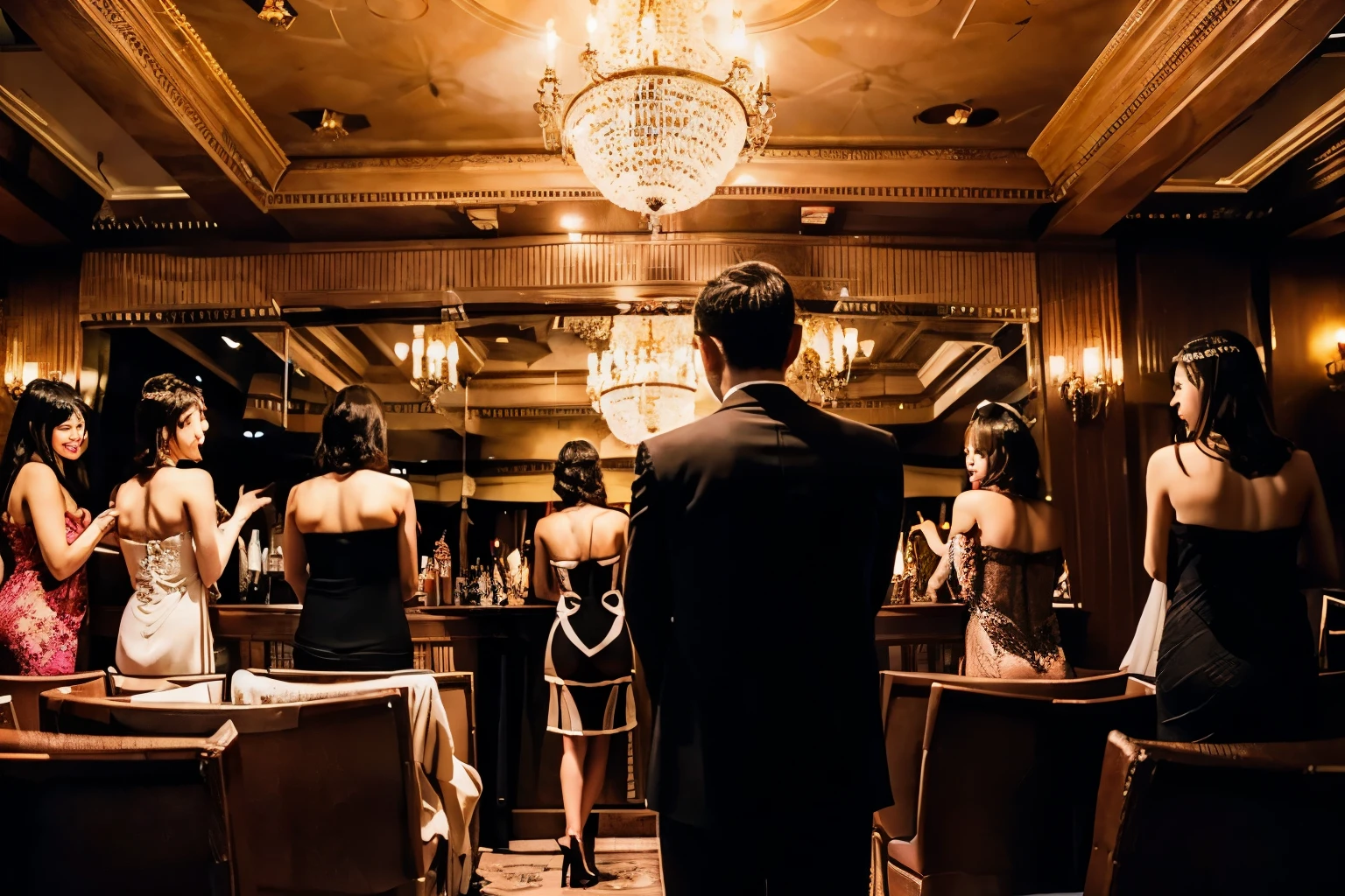 In the luxurious interior of a cabaret club、The back view of a man in a suit looking at a row of beautiful women in front of him。The beauties are all wearing gorgeous dresses.、Smiling and gazing at the man。The interior is decorated with luxurious interior and lighting.、It is surrounded by a gorgeous atmosphere。