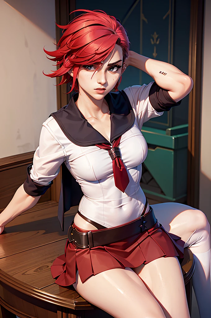 (masterpiece, best quality, shiny skin), vi from arcane, vi, red hair, short hair (sailor uniform, miniskirt), (sitting, close up, sharp eyes, perfect face and body), (smooth skin),(perfect anatomy, correct proportions)