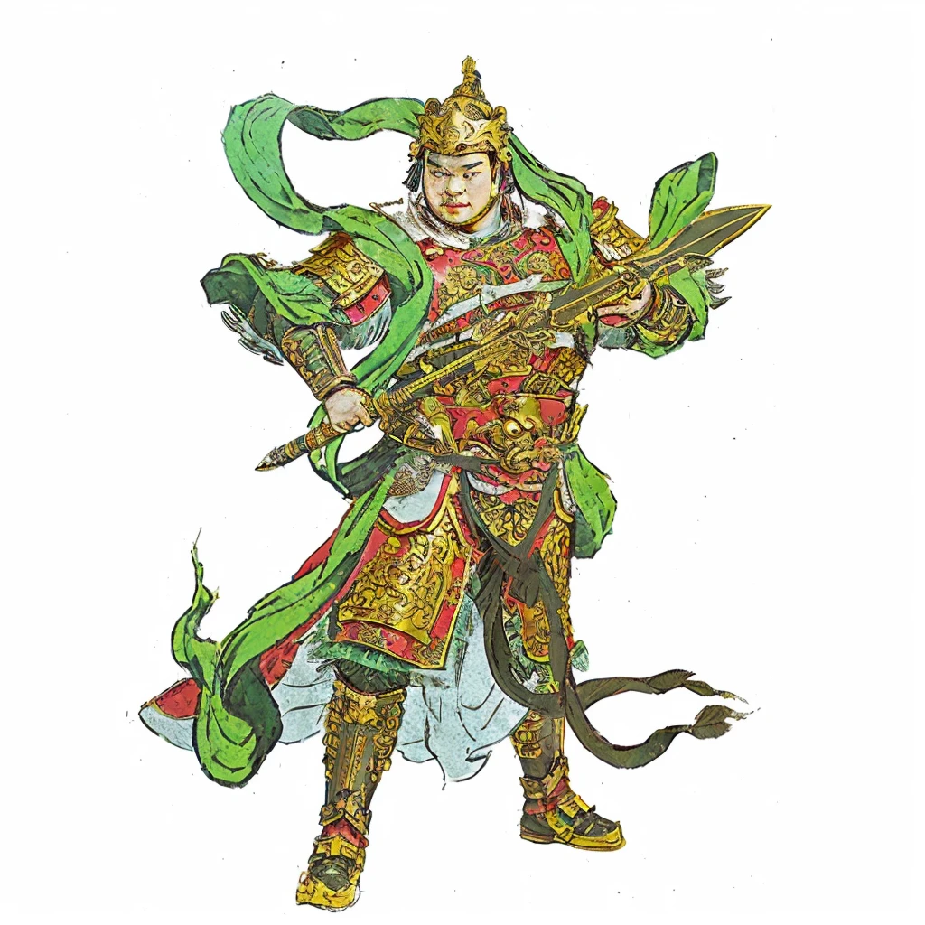 an ancient young chinese warrior with armour (gold and red color), holding a curvy sculpted sword, green deity ribbon, no beard, chubby face, big chin