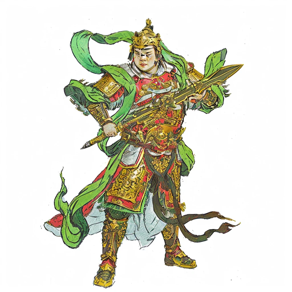 an ancient young chinese warrior with armour (gold and red color), holding a curvy sculpted sword, green deity ribbon, no beard, chubby face, big chin