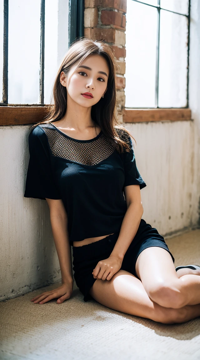 Dark brown hair、Light brown eyes、Japanese actress、 Lady、I am about 40 years old...........、(Intricate details:1.2)、 (Ultra-high resolution:1.2)、Ultra-high resolution、(Finely tuned)、(Detailed facial features)、Hmph、8K resolution、D cup size breasts、Long Hair、Bright terrace room with sunlight streaming in、Large windows、Extravagant space、relax、、,Full body photo、Head to toe shot、Beautiful feet、black　Loose fit openwork T-shirt、Underwear shorts、Beautiful feet、Bright terrace room with sunlight streaming in、she, household items,   (plant:0.8), Fashion Hub, Very detailed, Very detailed, Realistic, Hourglass Shaped Body, Obscene pose,、Messy Hair、Messy ponytail、Leaning against a wall、I cry a lot、tears、Skin is visible through the knit、White floor、White wall、A masterpiece of transparent painting、