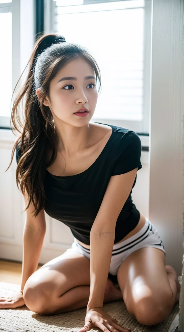 Dark brown hair、Light brown eyes、Japanese actress、 Lady、I am about 40 years old...........、(Intricate details:1.2)、 (Ultra-high resolution:1.2)、Ultra-high resolution、(Finely tuned)、(Detailed facial features)、Hmph、8K resolution、D cup size 、Long Hair、Bright terrace room with sunlight streaming in、Large windows、Extravagant space、relax、、,Full body photo、Head to toe shot、Beautiful feet、black Loose fit openwork T-shirt、Underwear shorts、Beautiful feet、Bright terrace room with sunlight streaming in、she, household items, (plant:0.8), Fashion Hub, Very detailed, Very detailed, Realistic, Hourglass Shaped Body, Obscene pose,、Messy Hair、Messy ponytail、Leaning against a wall、I cry a lot、tears、Skin is visible through the knit、White floor、White wall、A masterpiece of transparent painting、