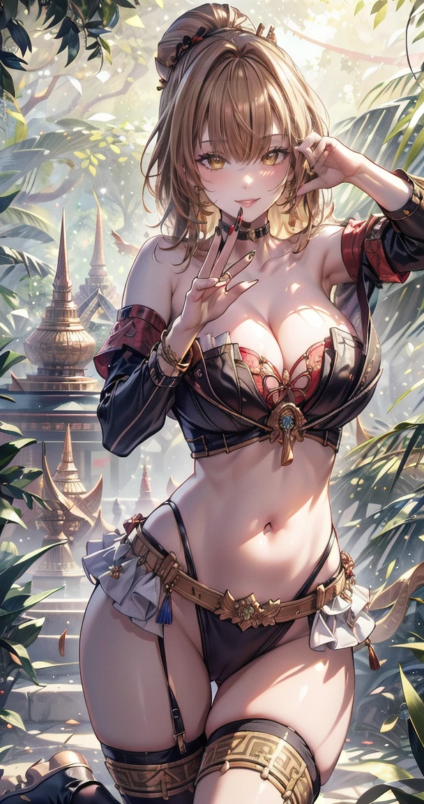 (Masterpiece:1.5), (((High qualityสุด, best quality, High quality))), ((complicated details, very detailed, Crazy details)), height, 32ก, Extremely detailed CG 8K unity wallpaper., (beautiful and beautiful:1.2),, (depth of field:1.3), (Flawless.:1.3), (Delicate depiction of details:1.4),
(((Abundant natural light, Delightful bright colors))), (Ambient volumetric backlight:1.5),  (Illustration of an extremely beautiful young woman:1.3),
(upper body:1.4), (perfect center:1.4), (Natural willow pose:1.5), (((dynamic poses, movie corner))),
(1milf:1.5), (alone:1.4),
beautiful beautiful face, [(detailed face:1.2):0.2], Bright eyes, Pure Rose Face_v1, ulzzang-6500-v1.1,  (gag:1.5), (red lips:1.4), (full lips:1.4), (smile:1.3),
Flawless attractive body, (((The feminine curves are pronounced.))), Skin glows brightly., realistic skin, hair follicles, (((Tightening belly, navel, Groin:1.3))),
(((Golden thread flutters.))), (Fringed tassels:1.3), (Tight long sleeves:1.4), (Single neck), (The invention shines.:1.5),(Strapless Thai dress with no straps:1.3),(Show your breasts,The crevice is clear.), (Elegant and intricate clothing accessories:1.5), (Embroidery work decorated with gems:1.4), (sparkling clothes:1.4), (sparkling particles:1.3), (((The front seam is sagging., Sagging back seam))), (((earring, armband, Hair clips, hair accessories))), (Stand alone in a magical outdoor garden decorated with gems and colorful exotic flowers and shrubs.:1.5), (Outside the great ancient palace:1.5), (((full body))),(((ขับnavel,List of dances,Thai Dance))), big breasts,Show your breastsของคุณ,The cracks are clear...,((big tits))，(pubic bone), rift, visible chest, I see bulging nipples.,ขับ navel, dance, dance,Reveal beautiful skin,
