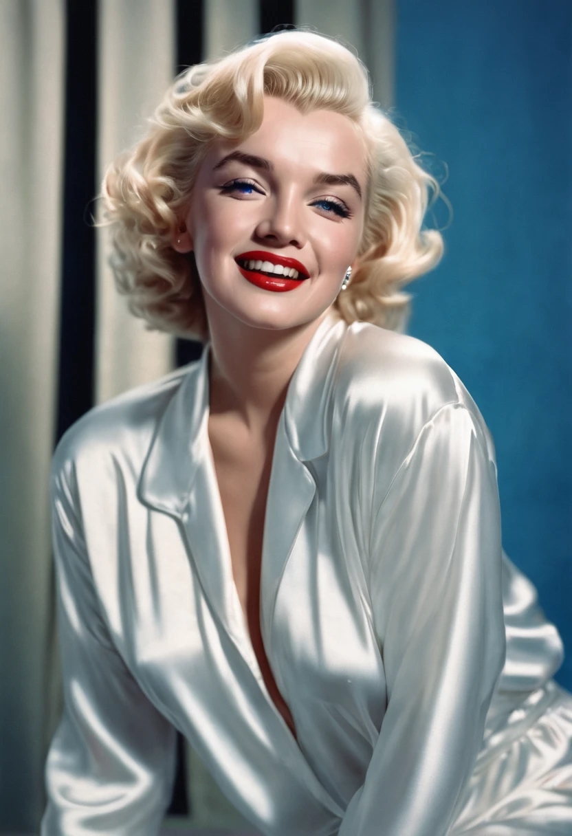 Medium shot,best quality, Marilyn Monroe,Frontal portrait,8K,穿吊带White silk pajamas、Middle tear,Very large bust、Clearly outlined,Clear details and thin waist,Blonde hair. Red lips. Smile、Deep blue eyes.,White silk pajamas。Highlights are clear,Solid blue background,