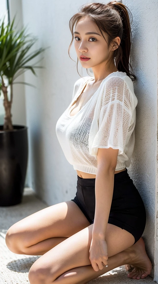 Dark brown hair、Light brown eyes、Japanese actress、 Lady、I am about 40 years old...........、(Intricate details:1.2)、 (Ultra-high resolution:1.2)、Ultra-high resolution、(Finely tuned)、(Detailed facial features)、Hmph、8K resolution、D cup size breasts、Long Hair、Bright terrace room with sunlight streaming in、Large windows、Extravagant space、relax、、,Full body photo、Head to toe shot、Beautiful feet、black Loose fit openwork T-shirt、Underwear shorts、Beautiful feet、Bright terrace room with sunlight streaming in、she, household items, (plant:0.8), Fashion Hub, Very detailed, Very detailed, Realistic, Hourglass Shaped Body, Obscene pose,、Messy Hair、Messy ponytail、Leaning against a wall、I cry a lot、tears、Skin is visible through the knit、White floor、White wall、A masterpiece of transparent painting、