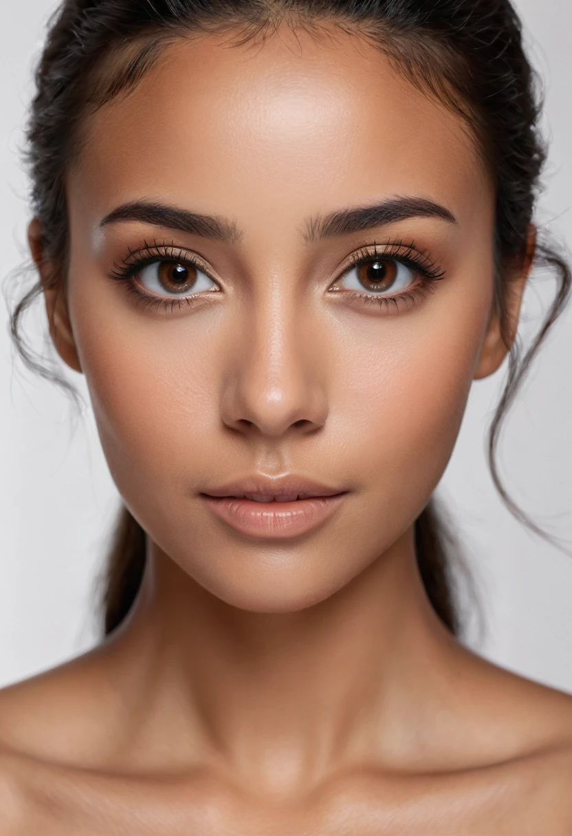 Realistic photo from the front portrait facing the camera of a woman skin color dark black, tanned brown eyes