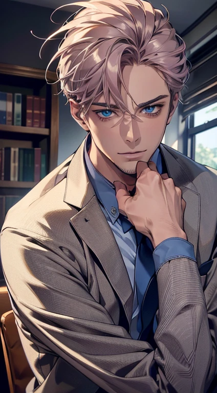 (best quality,4k,8k,highres,masterpiece:1.2),ultra-detailed,(realistic,photorealistic,photo-realistic:1.37),1 man,31 years old,mature man,very handsome,without expression,smile,short grey pink hair,blue eyes,penetrating gaze,perfect face without errors,imposing posture,businessman,office background,cinematic lighting,hdr image