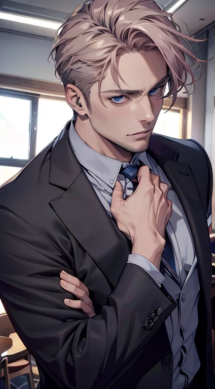 (best quality,4k,8k,highres,masterpiece:1.2),ultra-detailed,(realistic,photorealistic,photo-realistic:1.37),1 man,31 years old,mature man,very handsome,without expression,smile,short grey pink hair,blue eyes,penetrating gaze,perfect face without errors,imposing posture,businessman,office background,cinematic lighting,hdr image