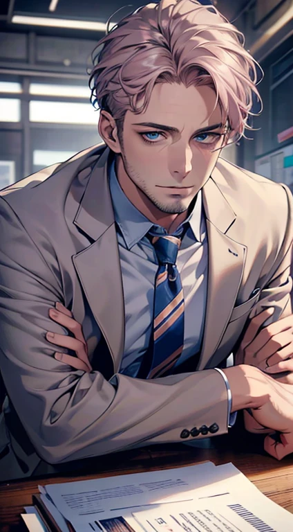 (best quality,4k,8k,highres,masterpiece:1.2),ultra-detailed,(realistic,photorealistic,photo-realistic:1.37),1 man,31 years old,mature man,very handsome,without expression,smile,short grey pink hair,blue eyes,penetrating gaze,perfect face without errors,imposing posture,businessman,office background,cinematic lighting,hdr image