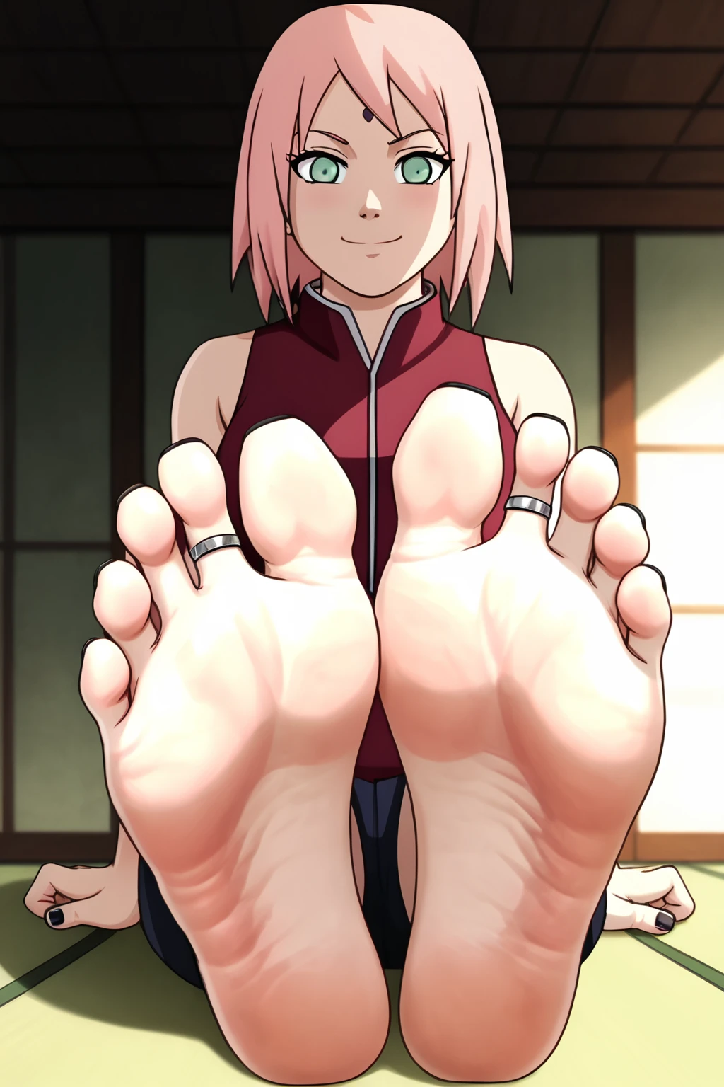 Sakura Haruno From Naruto, feet, soles, wrinkled soles, disgusting dirty soles, black toenail, toes ring, soles focus, pink hair, green eyes. Very detailed soles, Masterpiece, UHD
