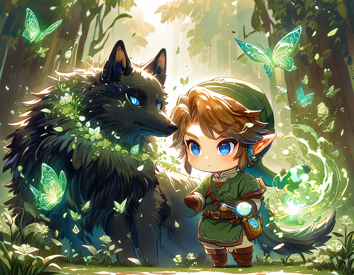 absurdres, highres, ultra detailed, HDR, master piece, best quality, extremely detailed, Link chibi, brown hair, expressive blue eyes, The Legend Of Zelda Twilight Princess, boy hugging a black wolf, cute, small, handsome, green tunic, magical, fantasy, magic, green fire, forest, glittering, green butterflies, green petals, green flowers