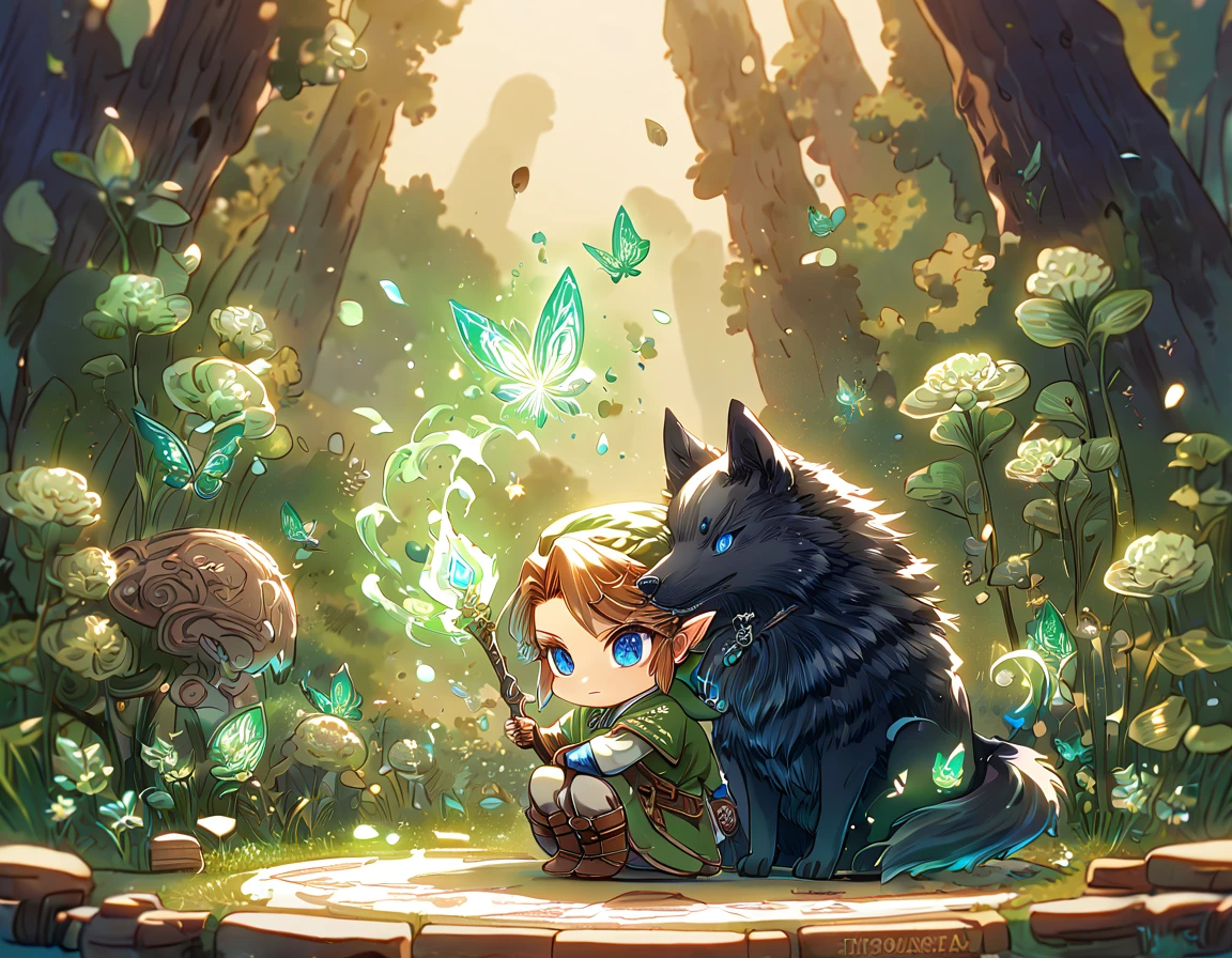 absurdres, highres, ultra detailed, HDR, master piece, best quality, extremely detailed, Link chibi, brown hair, expressive blue eyes, The Legend Of Zelda Twilight Princess, boy hugging a black wolf, cute, small, handsome, green tunic, magical, fantasy, magic, green fire, forest, glittering, green butterflies, green petals, green flowers