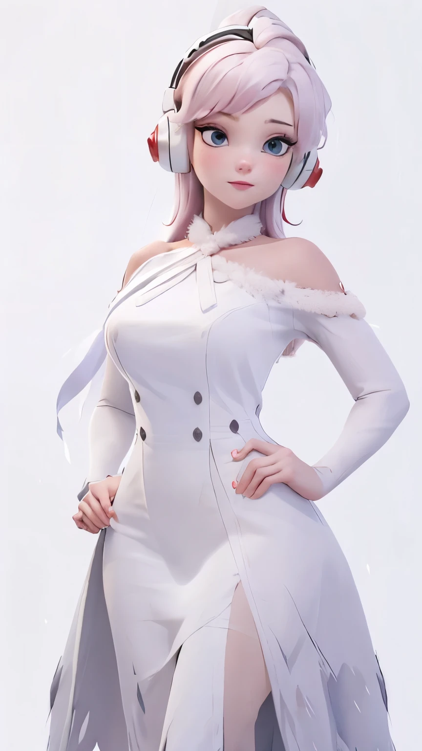 (1 girl, Alone, Masterpiece, 4k, Best Quality:1.2, (cowboy shot), Best Quality:1.2, good hands, showy, (perfect hands, perfect anatomy)), 
utaop, headphones,blush, White dress, fur over one, red and white hair, multicolor fur, High average, 
((medium breasts, big hips, looking at the viewer)), 
((simple background, White background)), 