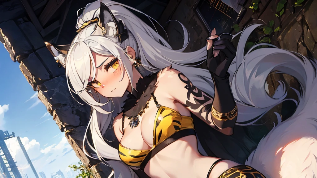 ((Best Quality, Masterpiece, perfect anatomy, detailed picture)), furry, 1woman, pantera, two tone skin, black body, gray fur, sexy, long white hair, ponytail hair, fluffy feline tail, yellow sclera, tribal tattoo, earrings, red blush, shy, in the ruins, portrait, illustration, gold necklace add_detail:1 ,gold bracelet add_detail:1, piercing in the navel, its silhouette has double exposure and the universe is observed add_detail:1