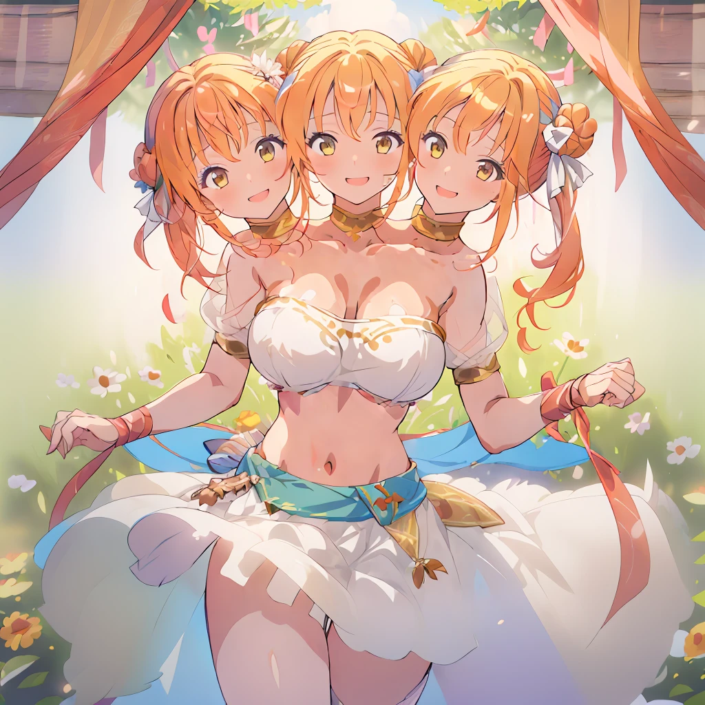 Masterpiece, (3heads:1.5), best quality, 1girl, huge ????, open ???????, smile, looking at viewer, larumfe, hair bun, midriff, hair ribbon, white skirt, field, dancer, standing, ribbon, (upper body), (cowboy shot)
