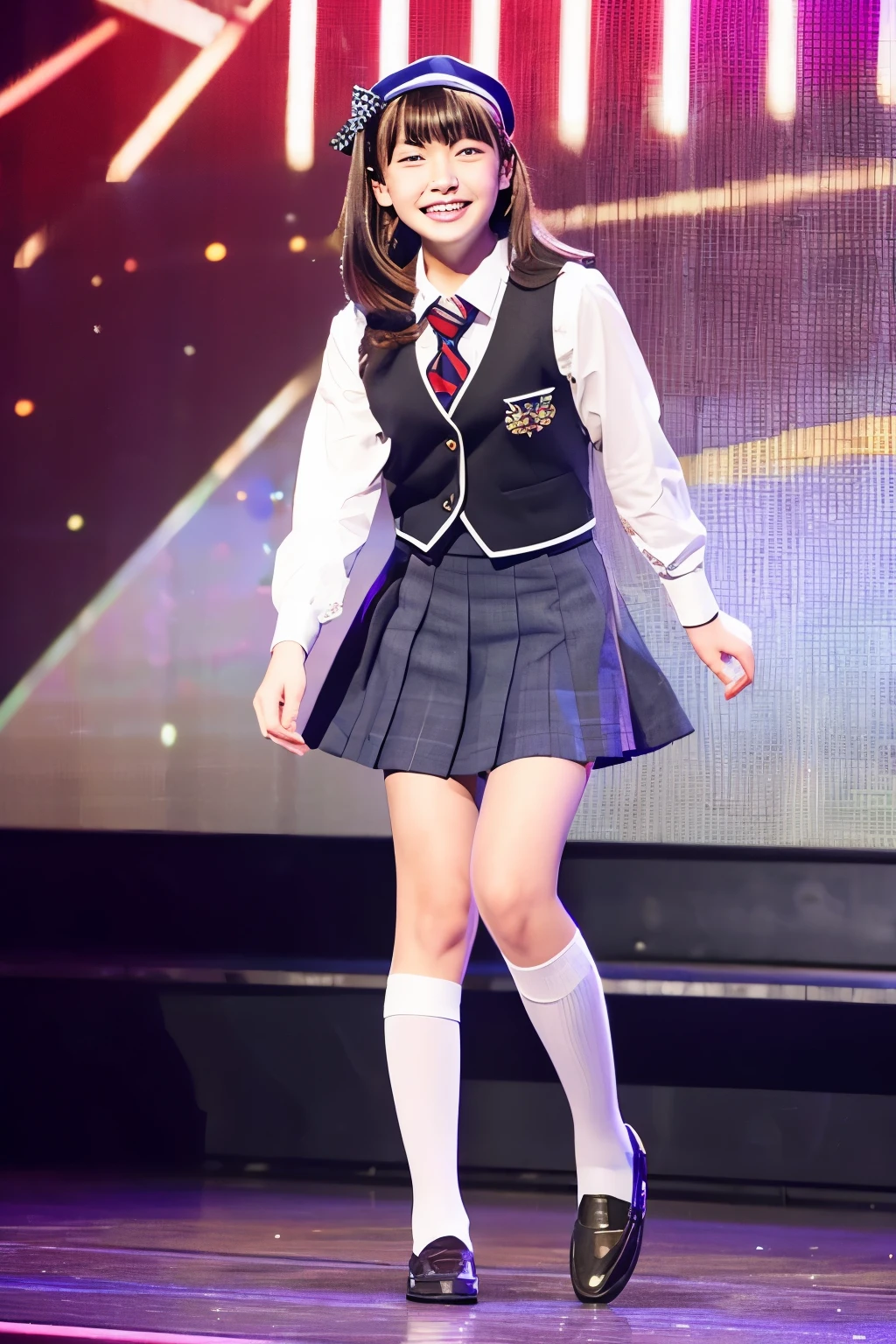 high school girl、uniform、skirt、Brown hair long、Knee-high socks、loafers、Japanese、smile、upright、front、smile、whole body、Dance Stage