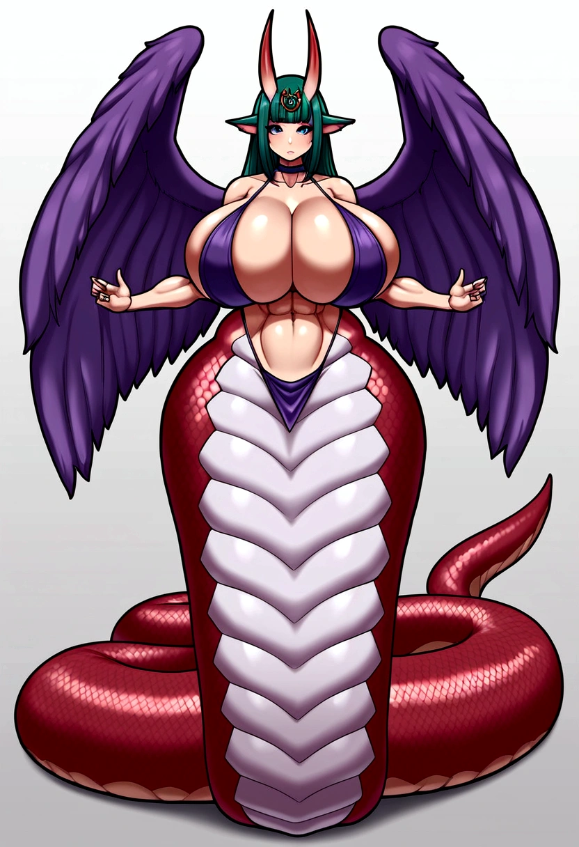 Shuten lamia, gigantic muscular body, gigantic lamia body with detailed fish scales, gigantic angel wings,gigantic fox tails, fish fin ears, big breasts, 4 arms, full body.