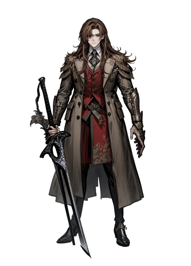 1boy, brown eyes, brown hair, writer, nice clothes, (high resolution, high detail, best quality),
black background, serious, long hair, sword