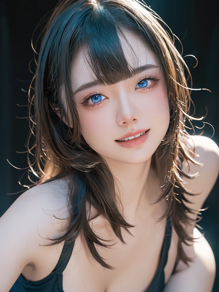 masterpiece, Highest quality, Very detailed, To the camera, 複雑に詳細なVery detailedな, Realistic, Sharp features, Very detailed, Sharp focus, Perfect Face, Perfect Face, Perfect symmetry and perfect eyes, Perfect Plump Lips, Flexible female form, Cinematic, Film Light, Very detailedな, hyper Realistic, masterpiece, atmosphere, High resolution, Vibrant, Dynamic Studio Lighting, ((Dark Background)), The facial expression when feeling happy, Straight bangs, blue eyes,White tank top, Mid-shot photo, Big Breasts,