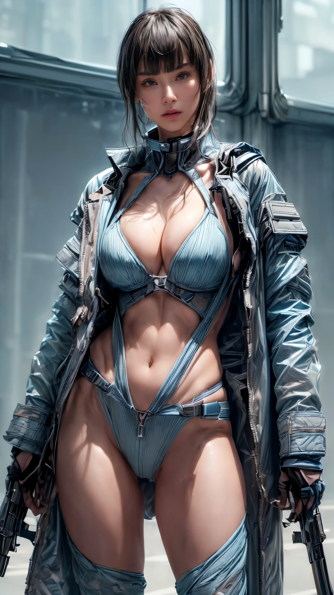 ((((In combat:1.4))))、(Browsing Caution:1.2)、((Too much exposed skin))、Very beautiful woman、Slender women、(Detailed face)、Realistic Skin、((Delicate photo))，(Girl masterpiece RAW photo details:1.25), (Highest quality:1.6), (Ultra-high resolution:1.5), (Realistic:1.75), 8K resolution, Canon EOS R5, 50mm, Absurd, Super detailed,Cinema Lighting、One Girl, 白hair,((princess_cut))、smile、 Window Shades,((Super tight light blue jacket coat)), Chest Rig, cyber punk, ((Techwear)),I can see your abs、Good top、((Big Breasts))、((The abdomen is visible))、(((Very subtle and futuristic design)))、((sexy wedgie))、((logo))、((Characters on clothing))、((With the weapons of the future))、((Posing))、(((blunt bangs)))