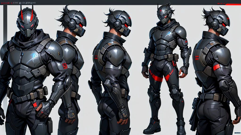 Character design sheet、male、Black combat uniform、Body Armor、Powered Suit、Full Face Mask、cyber punk、Round head full face helmet