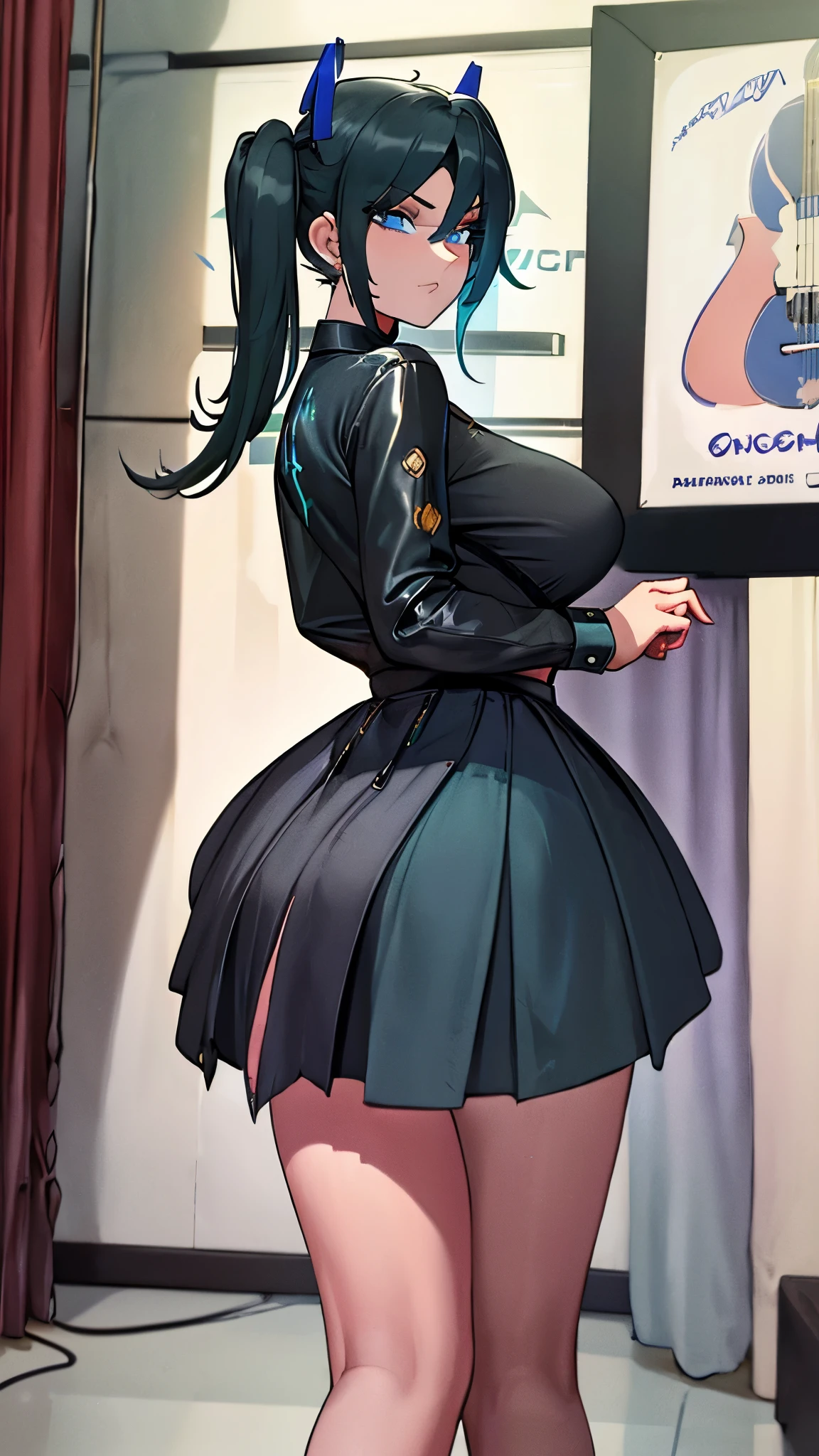 ((Masterpiece, Best Quality))1 girl, Alone, black dress, Blue eyes, electric guitar, guitar, headphones, double ponytail, tenure, tenure plectrum, instrument, wide, music, one side up, bluish green fur, twin tails, playing the guitar, pleated skirt, black shirt, interior