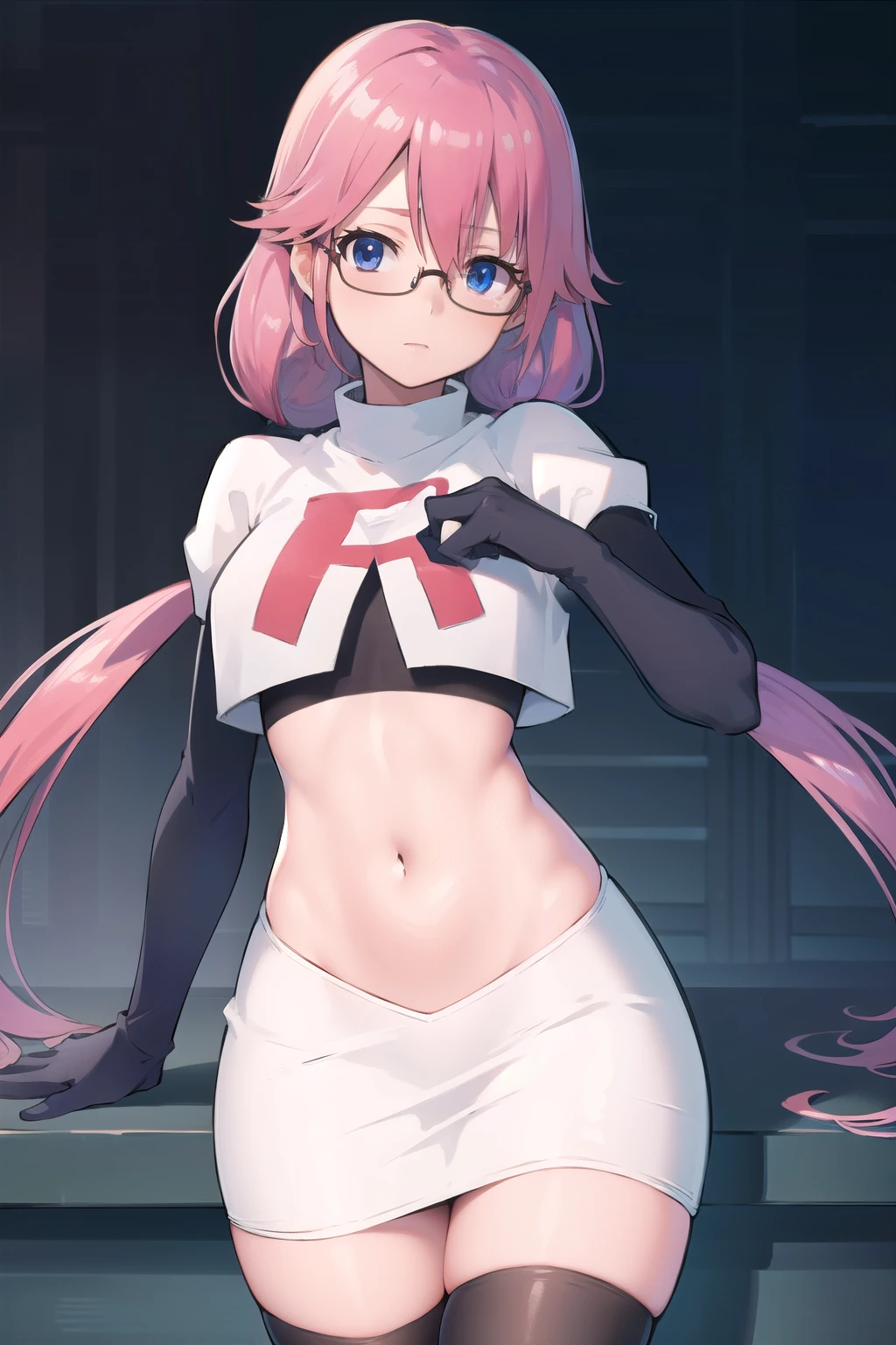 airisakura, airi sakura, blue eyes, glasses, long hair, pink hair, (low twintails:1.5),
BREAK glasses, team rocket,team rocket uniform,white skirt,red letter R,crop top,black thigh-highs,black elbow gloves,
BREAK looking at viewer, 
BREAK (masterpiece:1.2), best quality, high resolution, unity 8k wallpaper, (illustration:0.8), (beautiful detailed eyes:1.6), extremely detailed face, perfect lighting, extremely detailed CG, (perfect hands, perfect anatomy),