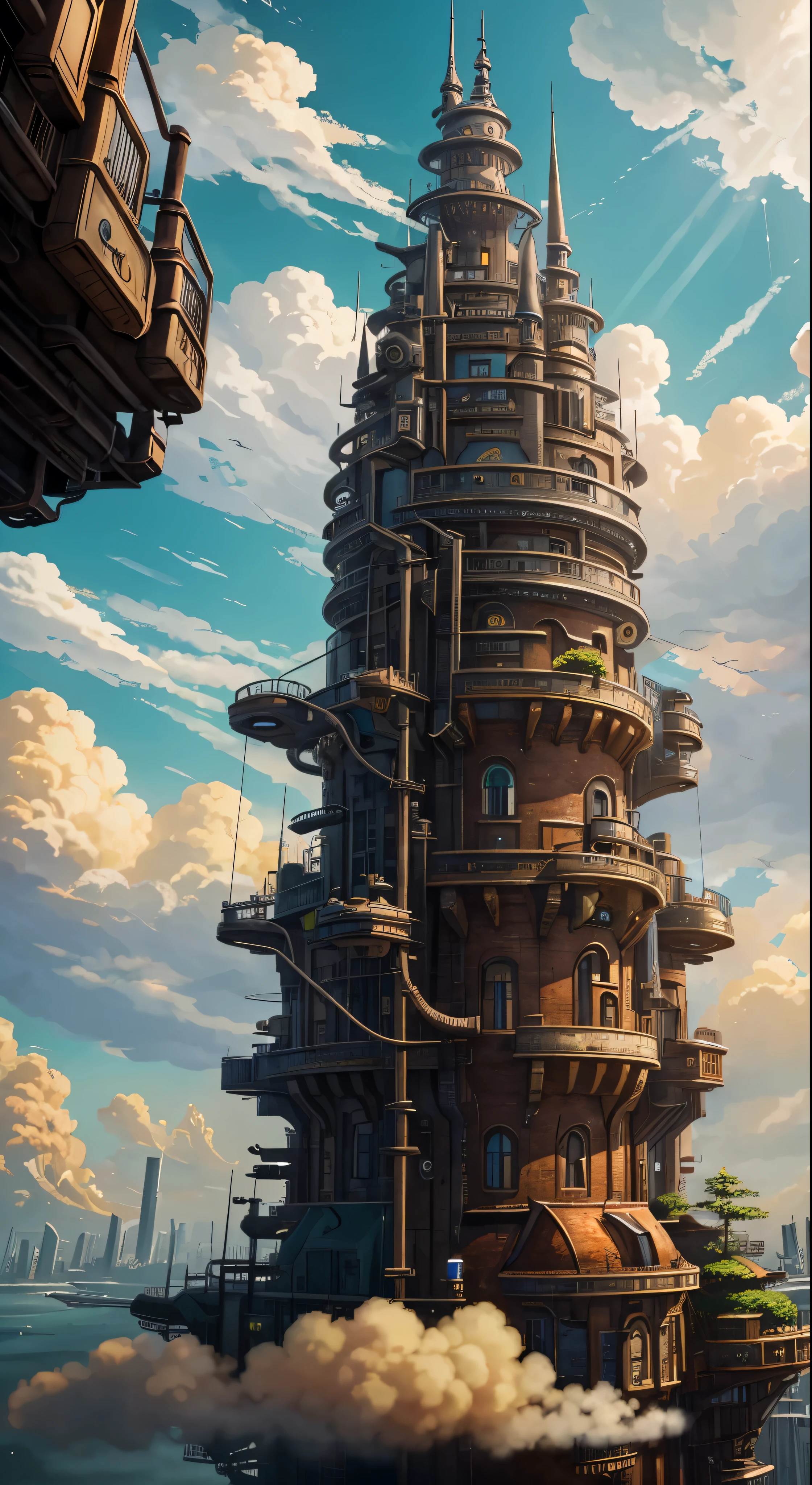 with high definition images，Ultra-detailed、High detail、high quality、8K、Miyazaki style、Steampunk style castle floating in the sky、Clouds and sky、Exudes mystery and technology 。Mirage City。