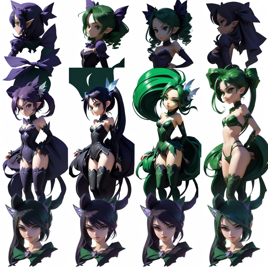 a close up of a cartoon character with different poses, spritesheet, sprite sheet, with familiar sprites, sprites, fairy girl, morgana, default pose neutral expression, twirling, sprite 2 d, shady, green fairy, smol, multiple poses,