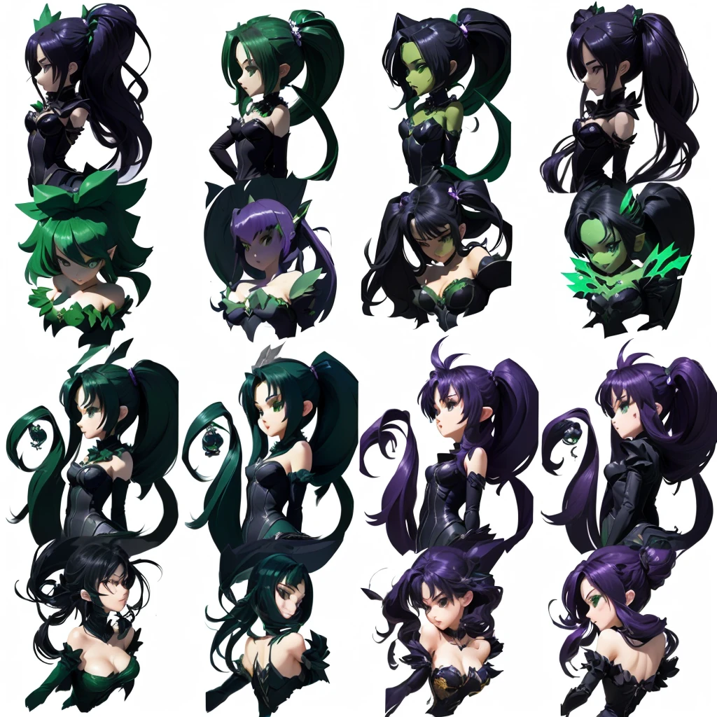 a close up of a cartoon character with different poses, spritesheet, sprite sheet, with familiar sprites, sprites, fairy girl, morgana, default pose neutral expression, twirling, sprite 2 d, shady, green fairy, smol,  multiple poses,