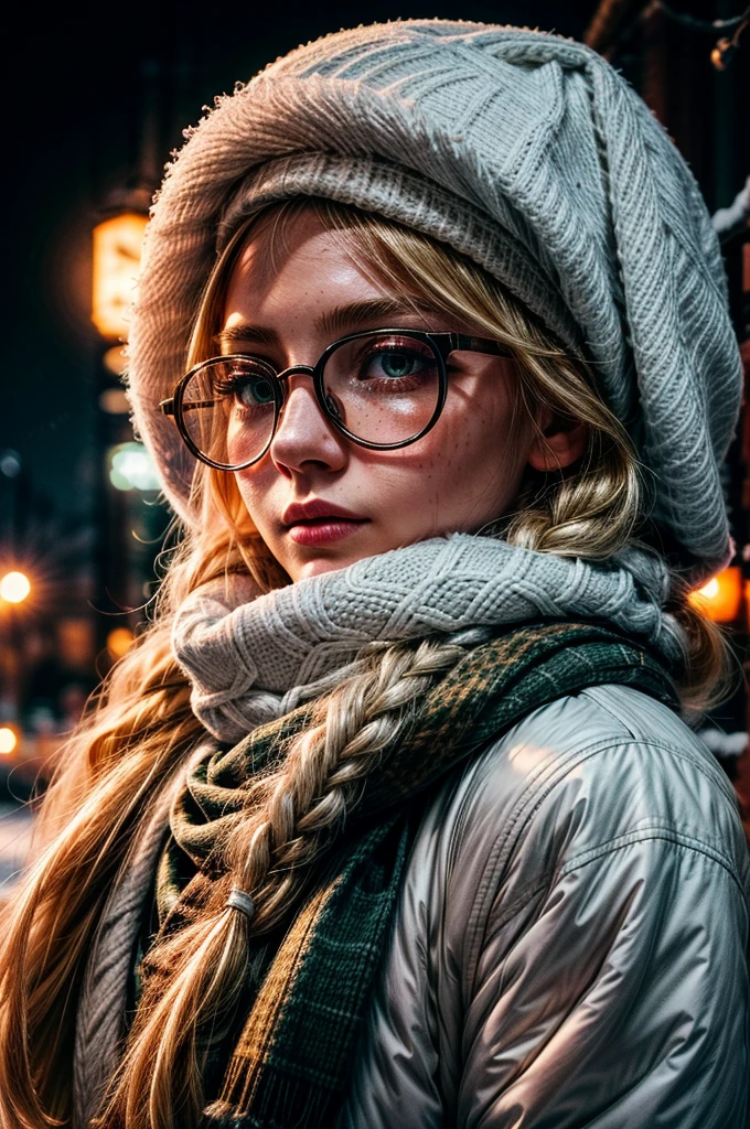 1 girl, blonde hair, long hair, crownbraid, snowcap, round eyewear, glasses, white winter furcoat, snow, standing, in snow, night, solo, orange lighting, pink scarf, hand on scarf, green eyes, black gloves, close up, moonlight, snowing, freckles