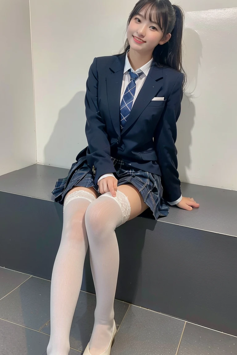 (8K), (highest quality: 1.2), (realistic), (realistic: 1.37), ultra high resolution, (1 girl、17 years old), cute, smile, closed mouth, beautiful details, beautiful nose, wet hair, giant dulcefo, pork, thighs，Self snap,High school Student Uniform,(A simple navy blue blazer),pleated skirt,(The skirt and tie are gray tartan check pattern....:1.3),(sitting:1), sit on the ground,(hug your feet:1),white pantyhose,from the front,knees、loafers、Low - Angle、Checkered Pleated Skirt、Ponytail 1.2、Knee-high socks、barefoot、((Between the legs、Panties that fit the female genitals、White panties))