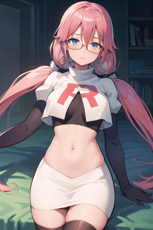 airisakura, airi sakura, blue eyes, glasses, long hair, pink hair, (low twintails:1.5),
BREAK glasses, team rocket,team rocket uniform,white skirt,red letter R,crop top,black thigh-highs,black elbow gloves,
BREAK looking at viewer, 
BREAK (masterpiece:1.2), best quality, high resolution, unity 8k wallpaper, (illustration:0.8), (beautiful detailed eyes:1.6), extremely detailed face, perfect lighting, extremely detailed CG, (perfect hands, perfect anatomy),