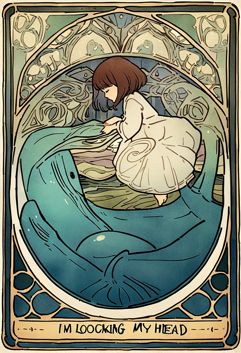 Beautiful drawing of Nishikigoi jumping out of the water、Simple Haida design with whale flowing、Haida's design is simple, Clean flowing lines with no filler pattern on the inside、Side view of the whole body、Art Nouveau advertising style、I'm looking with my head down。forward、Cinematic、typography