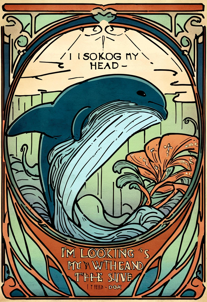 Beautiful drawing of Nishikigoi jumping out of the water、Simple Haida design with whale flowing、Haida's design is simple, Clean flowing lines with no filler pattern on the inside、Side view of the whole body、Art Nouveau advertising style、I'm looking with my head down。forward、Cinematic、typography
