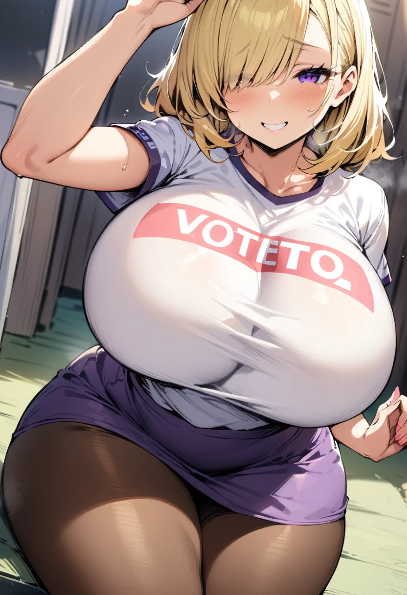 ((Best Quality)), ((Masterpiece)), (detailed), 1 girl, Pastel yellow hair, broad, hair covers one eye, purple eyes, tight, big breasts, big thighs, expression smiling shy, white voting t-shirt, purple skirt, brown pantyhose