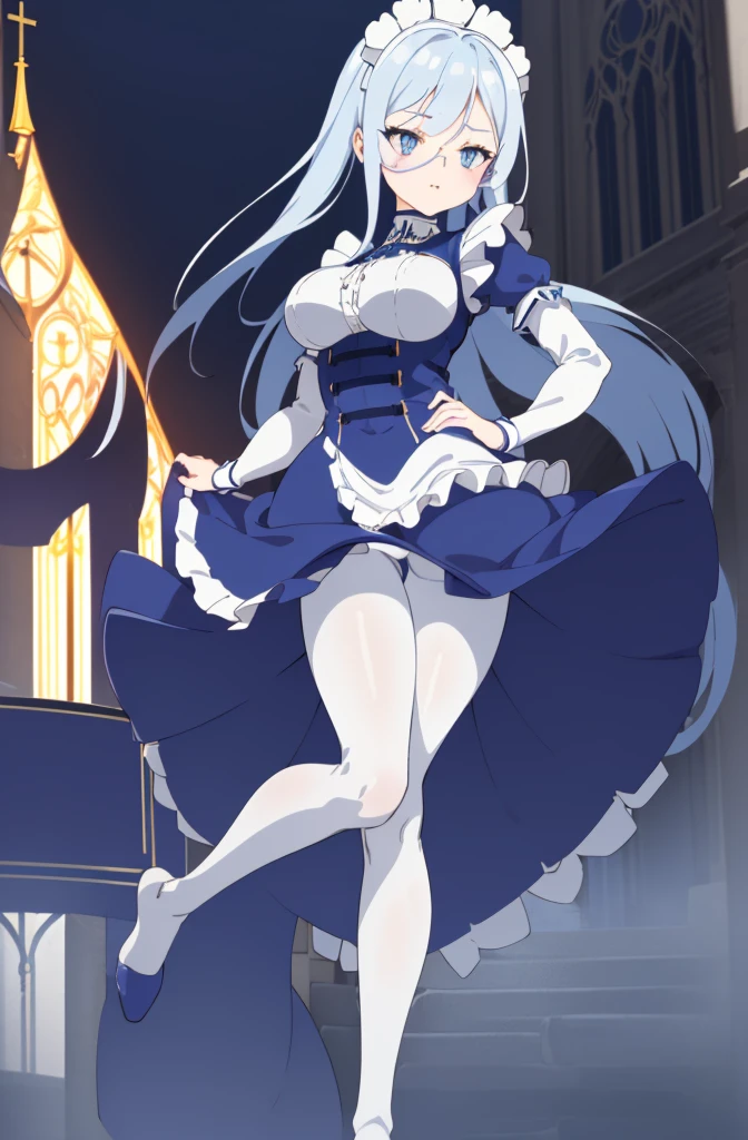 ((cathedral background)),1 girl! Ray tracing, best shadows, high resolution (dim lighting) blue hair, plump and slender girl, (girl wearing white shirt, black wrinkled skirt, with black transparent pantyhose), showing a delicate slim figure and graceful curves, correctly positioned and reasonable limbs! facial details! Delicate facial features, pay attention to the position details of the legs! Pay attention to hand details! High quality! More eligible! Reduce errors, ultra-detailed CG, more reasonable picture! Delicate finger detailing,((blue medium hair)),((White Maid Costume)),blue eyes,((whole body)),whole body,((White Maid Costume)),((White Maid Costume)),evil smile,((cathedral background)),((cathedral background)),