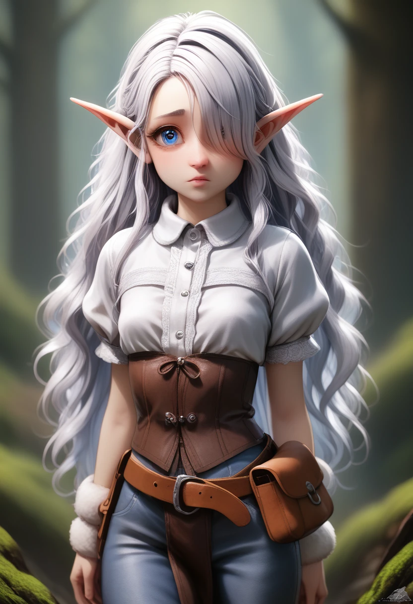 A girl with pale skin, short stature, very long wavy silver hair covering one eye, small breasts, pouty lips, and bright blue anime-style eyes with long lashes, wearing a corset, white puffy long sleeved shirt, and puffy cloth pants, leather bound boots, set in a windy fantasy landscape, (best quality,4k,8k,highres,masterpiece:1.2),ultra-detailed, dungeons and dragons, long elf ears,  girl, detailed skin and cloth textures, cute detailed face, intricate details, extremely detailed, 1girl, dynamic pose with hair covering one eye, shy personality, puffy cloth pants with leather belt, detailed privateer outfit, detailed buccaneer outfit, pouch on belt, wearing ornate leather armor with fur trim, silver inlay detail, wearing fur trimmed boots, wearing fur trimmed gloves, short, short height, halfing girl, small girl, very long detailed flowing hair, big head, big round eyes, windy, wind blown hair, wirey muscles