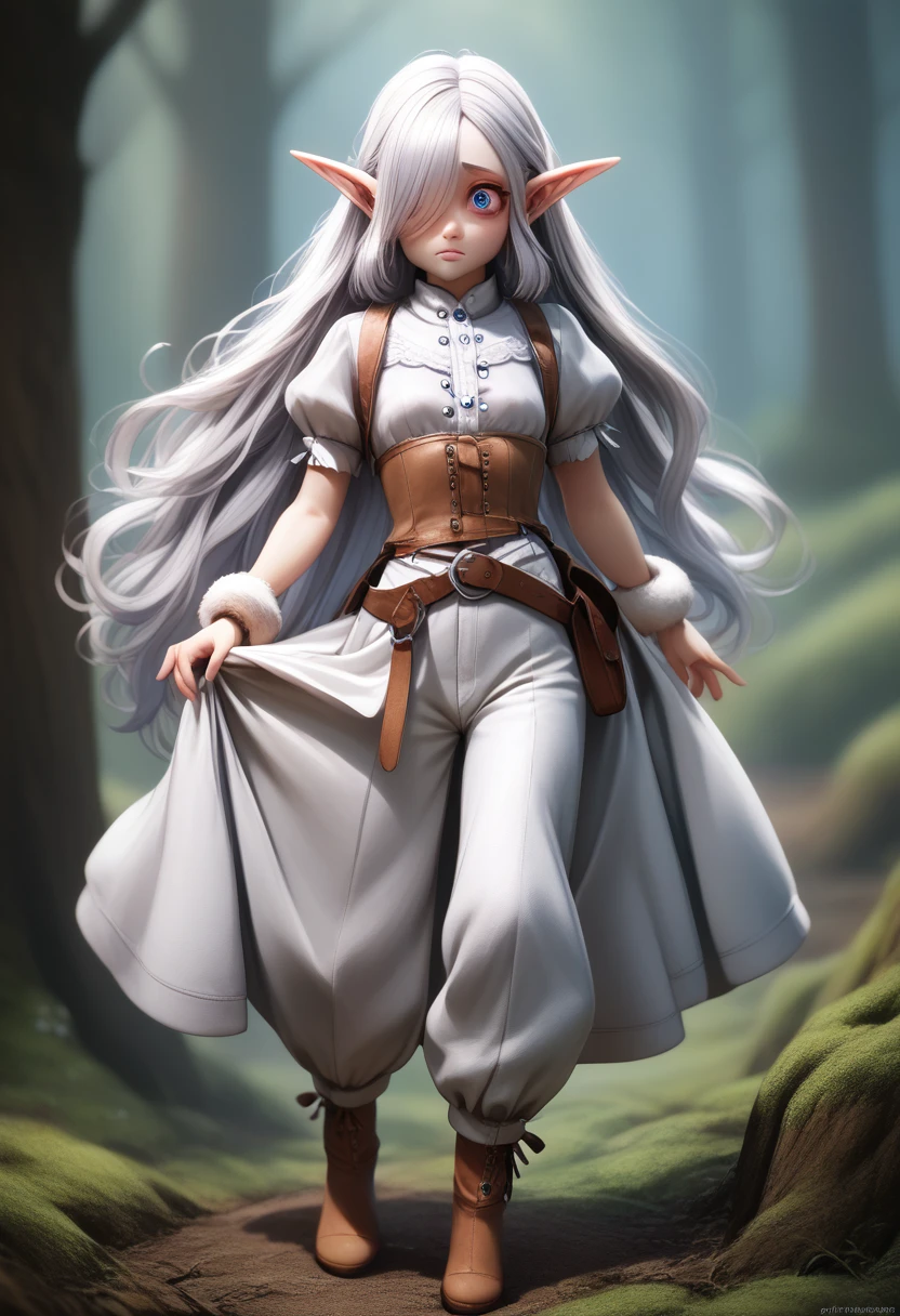 A girl with pale skin, short stature, very long wavy silver hair covering one eye, small breasts, pouty lips, and bright blue anime-style eyes with long lashes, wearing a corset, white puffy long sleeved shirt, and puffy cloth pants, leather bound boots, set in a windy fantasy landscape, (best quality,4k,8k,highres,masterpiece:1.2),ultra-detailed, dungeons and dragons, long elf ears, small girl, detailed skin and cloth textures, cute detailed face, intricate details, extremely detailed, 1girl, dynamic pose with hair covering one eye, shy personality, puffy cloth pants with leather belt, detailed privateer outfit, detailed buccaneer outfit, pouch on belt, wearing ornate leather armor with fur trim, silver inlay detail, wearing fur trimmed boots, wearing fur trimmed gloves, short, short height, halfing girl, small girl, very long detailed flowing hair, big head, big round eyes, windy, wind blown hair, wirey muscles