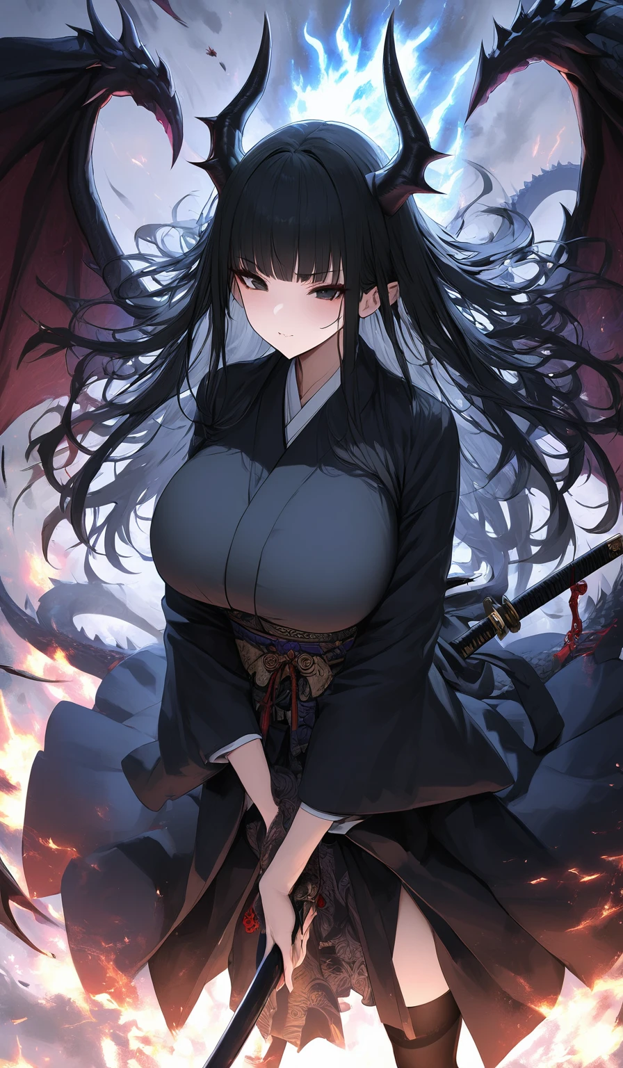 Masterpiece, very detailed, ultra detailed, one, (1 woman), Photo of a woman in a short Japan yukate with gold detal and black stockings, with a black katana in her hands an aura of kill, with black eyes, long black straight hair and straight bangs, with huge breasts, she with black demonic horns and black dragon wings, around her an aura of kill