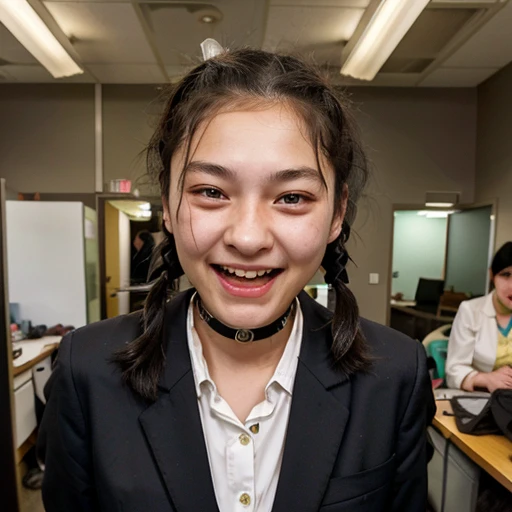 15 year old girl with medium length black hair, children's pigtails hair, Asian facial structure, happy expression, she wearing a tight bussines suit, dog collar, visible nipples, marked nipples, she in a office,