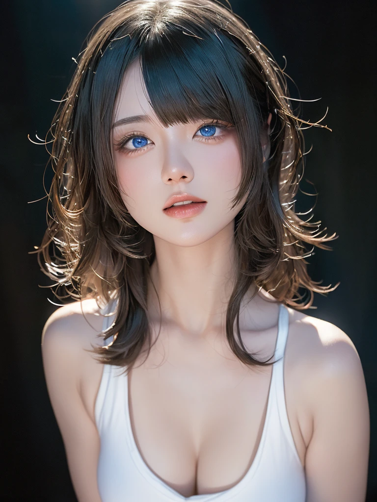 masterpiece, Highest quality, Very detailed, To the camera, 複雑に詳細なVery detailedな, Realistic, Sharp features, Very detailed, Sharp focus, Perfect Face, Perfect Face, Perfect symmetry and perfect eyes, Perfect Plump Lips, Flexible female form, Cinematic, Film Light, Very detailedな, hyper Realistic, masterpiece, atmosphere, High resolution, Vibrant, Dynamic Studio Lighting, ((Dark Background)), The facial expression when feeling happy, Straight bangs, blue eyes,White tank top 1.5))), (((Mid-shot photo, Big Breasts,