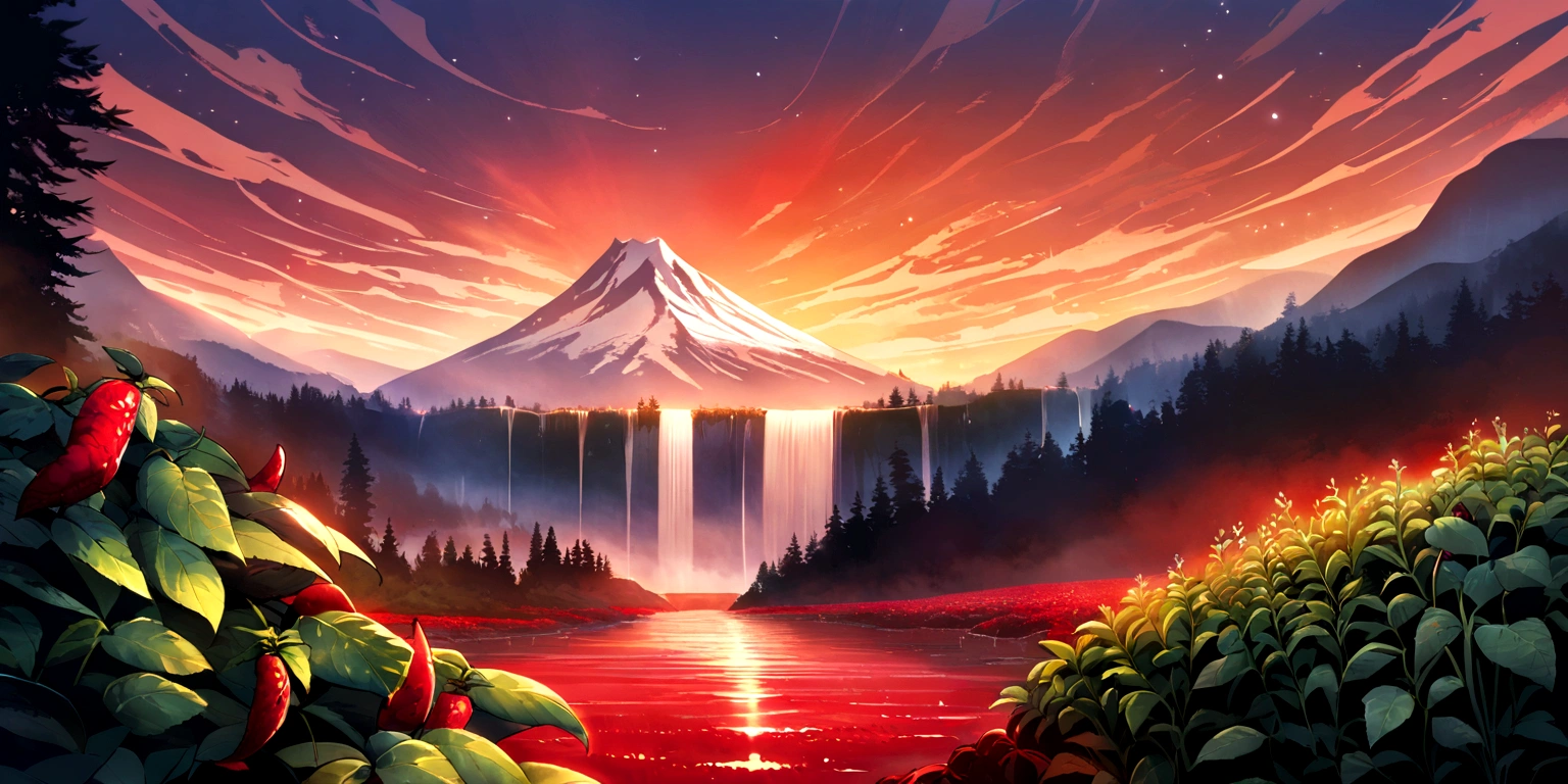 ultra wide landscape flooded with light moebius style, Red chilis, basil, mt hood, waterfall