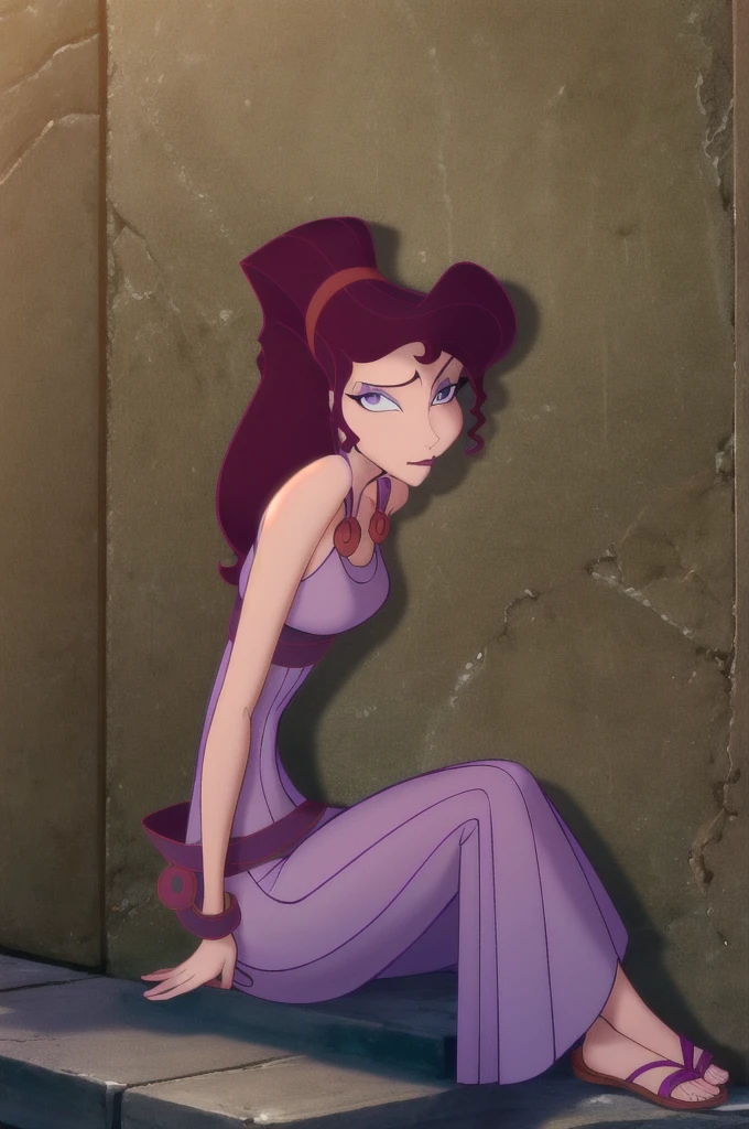 modelshoot style, megara, 1girl, long brunette hair, ponytail, purple eyes, eyeshadow, long Greek purple dress, sandals, bare shoulders, arms bound behind her back, wearing gray chains, gray cloth gagging her mouth, sitting on her knees, leaning forward, eyes wide with fear, looking at viewer